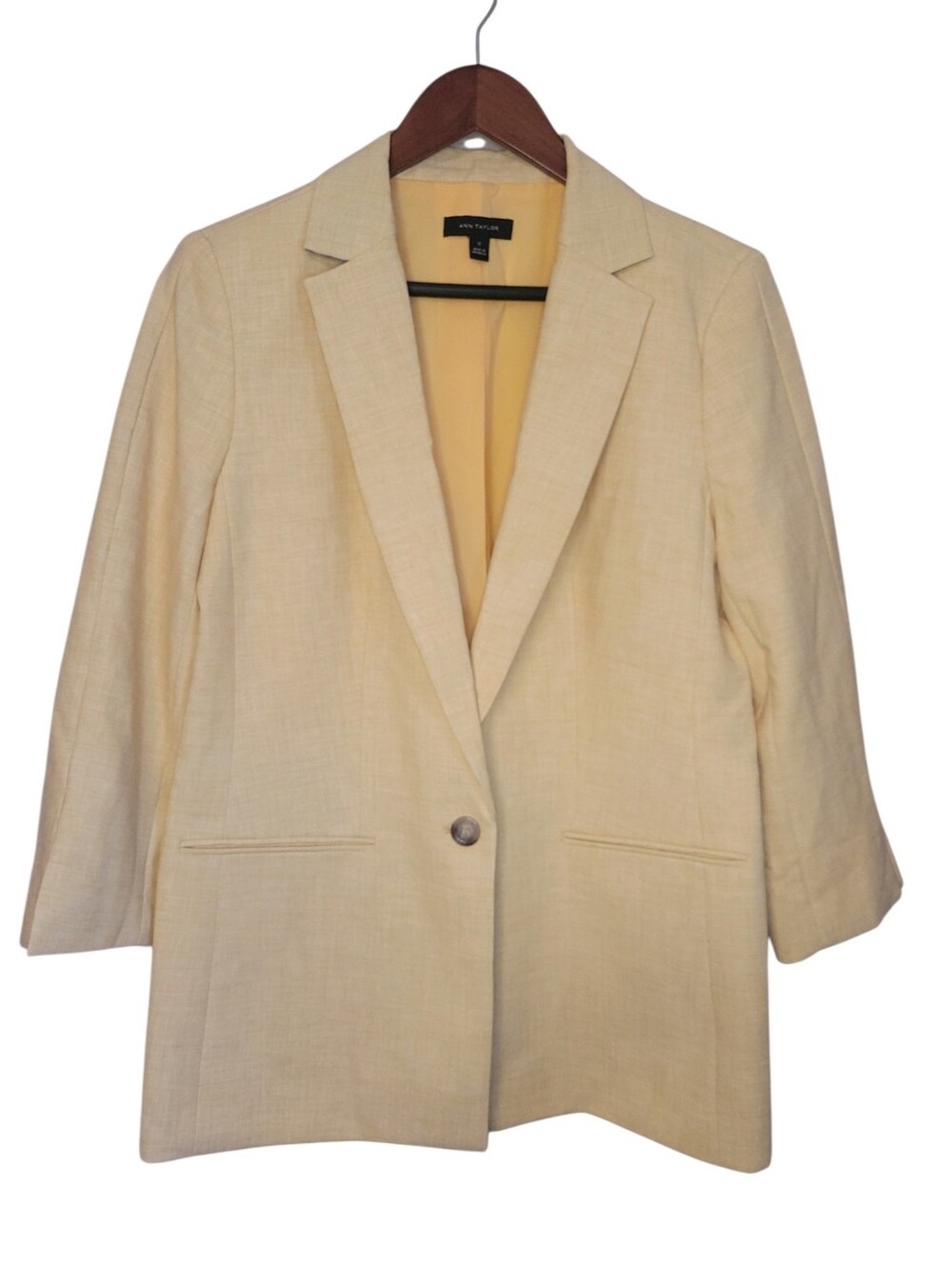 Ann Taylor Womens 12 Beige Longline Blazer 3/4 Sleeve Tailored Single Button